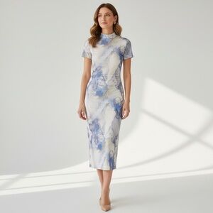 Blanc Sheer Mesh White Purple BlueEthereal Marble Tree Print  Glam Maxi Dress